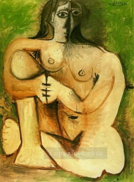  1960 Oil Painting - Femme nue accroupie sur fond vert 1960 Cubism